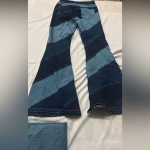 Women’s bellbottom jeans size 11 light and dark blue denim stitched patchwork